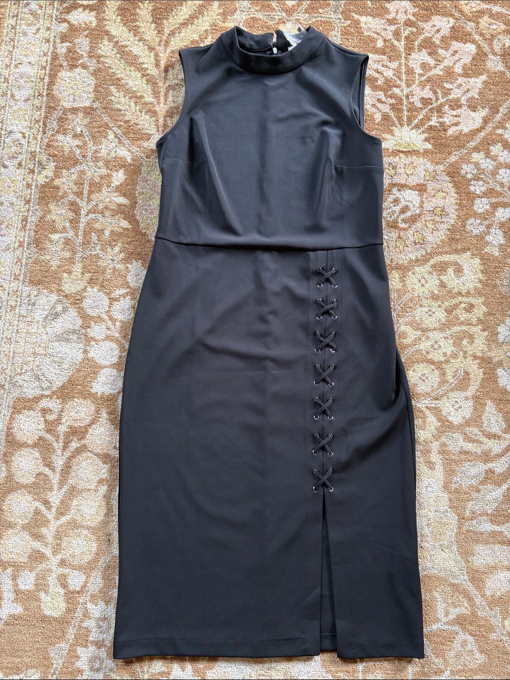 ECI Black Sleeveless Sheath Dress with Side Lace-Up Detail